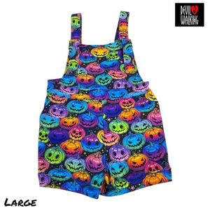Devil Walking Pumpkin Print Overalls Shorts LRG Neon Rainbow Jack O'Lantern Goth